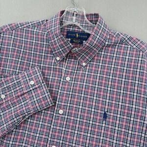 Ralph Lauren Shirt Mens Large Pink Navy Multicolor Plaid Stretch Button Down